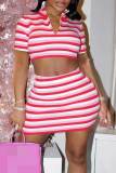 Pink Sexy Striped Print Patchwork Zipper Collar Short Sleeve Two Pieces