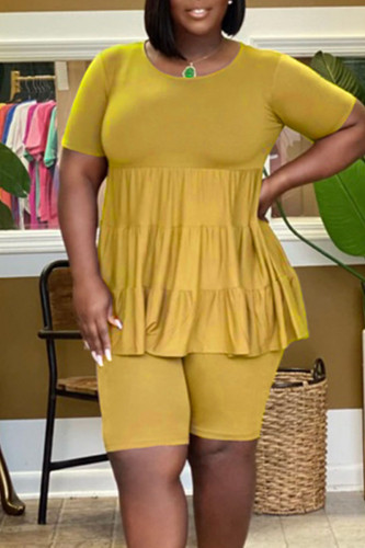Yellow Casual Solid Patchwork Fold O Neck Plus Size Two Pieces