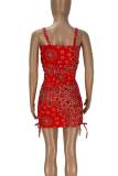 Rose Red Sexy Print Patchwork Frenulum Spaghetti Strap Sleeveless Two Pieces