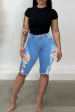 Blå Mode Casual Print Ripped Patchwork Plus Size Jeans