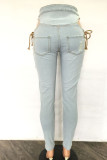 Jeans en denim skinny taille haute décontractés à la mode décontractés à bandage déchiré solide bleu clair