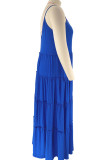 Blue Casual Solid Patchwork Pearl Spaghetti Strap Sling Dress Plus Size Dresses