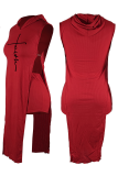 Красный модный принт с разрезом и воротником с капюшоном без рукавов из двух частей