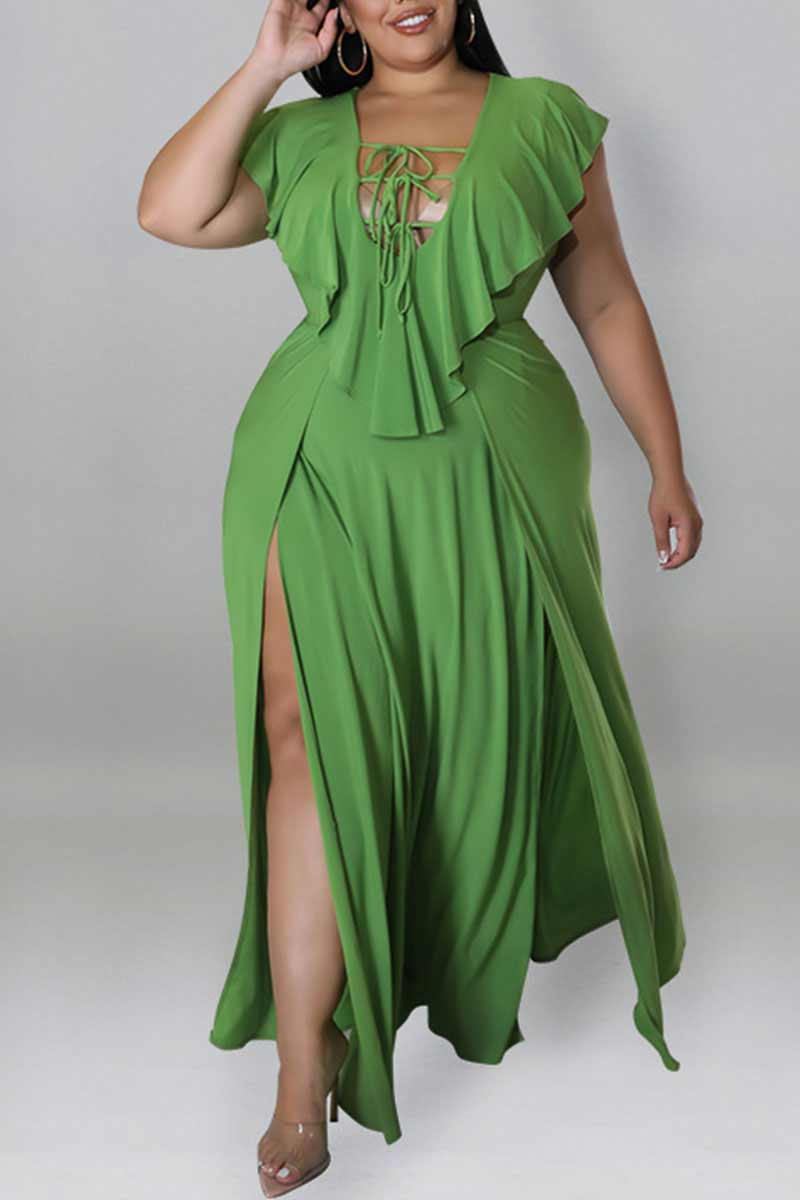 

Green Sexy Solid Bandage Hollowed Out Patchwork Flounce Slit Straight Plus Size Dresses