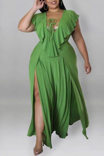 Green Sexy Solid Bandage Hollowed Out Patchwork Flounce Slit Straight Plus Size Dresses
