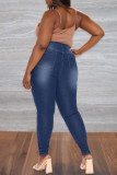Mittelblaue, modische, lässige, solide Patchwork-Jeans in Übergröße