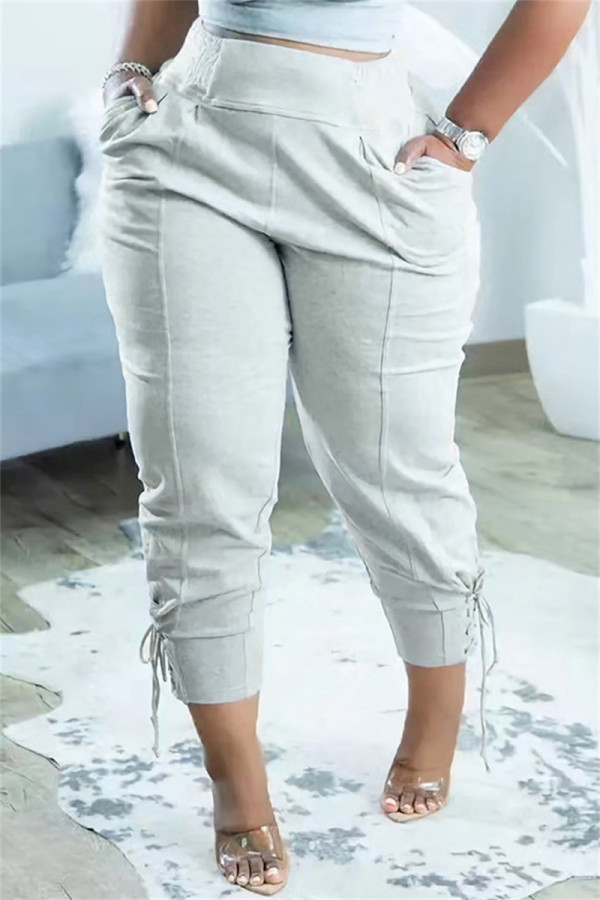 Pantalones de cintura alta regulares básicos sólidos casuales de moda gris