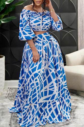 Blue Casual Print Patchwork Off the Shoulder Three Quarter Two Pieces