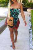 Green Sexy Print Patchwork Spaghetti Strap Pencil Skirt Dresses