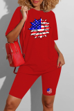 Red Casual Print American Flag Patchwork O Neck Short Sleeve Two Pieces