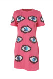 ローズレッドファッションカジュアルパッチワークスパンコールOネックTシャツドレス