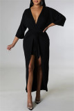 Черное модное повседневное однотонное платье в стиле пэчворк с V-образным вырезом неправильной формы