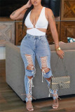 Blue Fashion Casual Solid Bandage Hollowed Out High Waist Skinny Denim Jeans