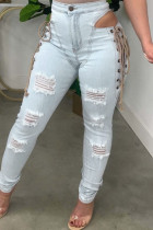 Light Blue Fashion Casual Solid Bandage Hollowed Out High Waist Ripped Skinny Denim Jeans