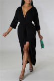 Zwarte mode casual effen patchwork onregelmatige jurk met V-hals