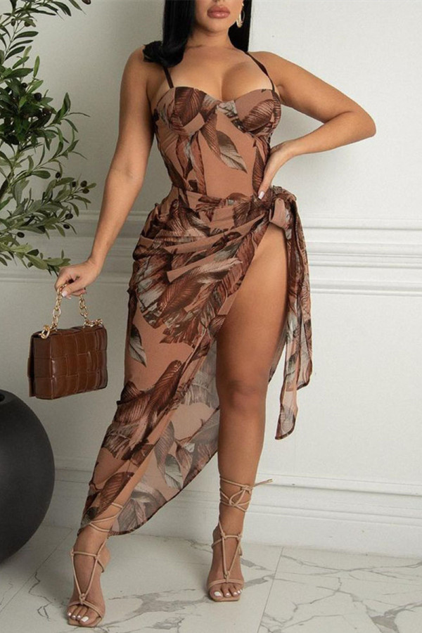Trajes de baño sin espalda de vendaje con estampado sexy de moda marrón (sin rellenos)