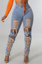 Blue Fashion Casual Solid Bandage Hollowed Out High Waist Lace Up Skinny Denim Jeans