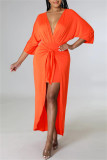 オレンジファッションカジュアルソリッドパッチワークVネックイレギュラードレス