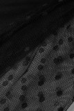 Macacão preto sexy sólido vazado patchwork transparente com gola redonda
