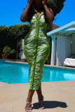 グリーンファッションカジュアルプリントベーシックターンダウンカラーノースリーブドレス
