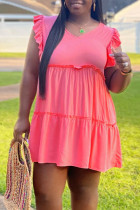 ピンクのカジュアルなソリッドパッチワークフォールドストリングセルヴィッチVネックAラインプラスサイズのドレス