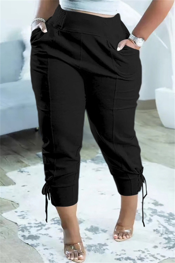 Черные модные повседневные однотонные базовые обычные брюки с высокой талией