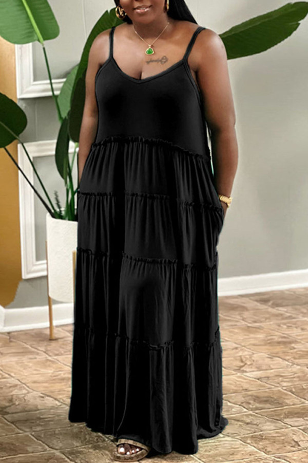 Vestido de tirante de espagueti de perlas de patchwork sólido casual negro Vestidos de talla grande