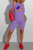 Фиолетовый Повседневный принт Американский флаг Пэчворк О-образный вырез с коротким рукавом Из двух частей