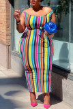 Цветное модное повседневное платье большого размера в полоску с принтом, базовое платье с круглым вырезом и жилетом