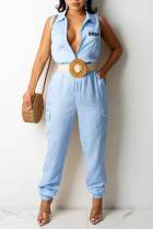 Blue Casual Print Patchwork Zipper Turndown Collar Straight Jumpsuits(Without Belt)