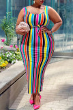 Цветное модное повседневное платье большого размера в полоску с принтом, базовое платье с круглым вырезом и жилетом