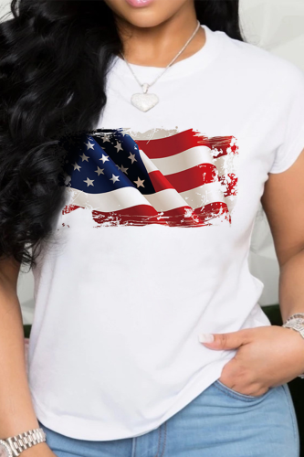 Red White Fashion Street Flag Star Print Lips Printed Patchwork O Neck T-Shirts Tops