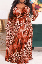 Vestidos Laranja Casual Estampado Leopardo Frenulum Decote V Reto Plus Size