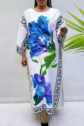 White Fashion Casual Plus Size Print Patchwork O Neck Long Dress