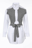 Black White Fashion Casual Print Patchwork Turndown Collar Shirt Dress