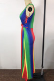 Färg Mode Sexig Print Patchwork Slit V-hals Ärmlös klänning