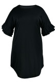 Черные повседневные однотонные лоскутные асимметричные платья с круглым вырезом и прямыми платьями больших размеров
