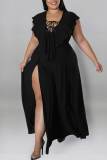 Black Sexy Solid Bandage Hollowed Out Patchwork Flounce Slit Straight Plus Size Dresses