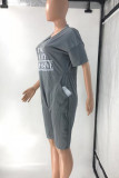 Grey Casual Print Patchwork V Neck Straight Rompers