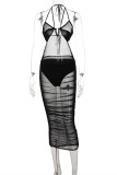 Черное сексуальное однотонное лоскутное прозрачное платье с открытой спиной и бретельками через шею Платья
