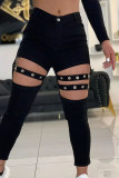 Black Fashion Casual Solid Hollowed Out Patchwork Skinny High Waist Pencil Solid Color Bottoms