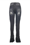 Zwarte mode casual patchwork print gescheurde hoge taille boot cut denim jeans