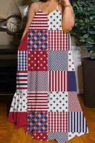 Multicolor Fashion Casual Flag Star Print Backless Spaghetti Strap Long Loose Cami Maxi Dress
