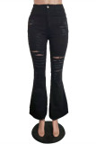 Черные модные повседневные однотонные рваные джинсы с высокой талией