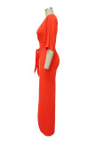 Бордовое модное повседневное сплошное лоскутное платье с V-образным вырезом неправильной формы