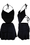 Black Sexy Solid Backless Halter Sleeveless Two Pieces