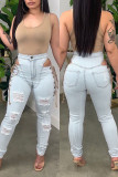 Light Blue Fashion Casual Solid Ripped Bandage Hollowed Out High Waist Skinny Denim Jeans