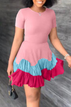 ピンクのカジュアルでエレガントなソリッドパッチワークフォールドOネックAラインドレス