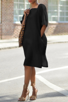 Zwarte casual effen patchwork vierkante kraag rechte jurken