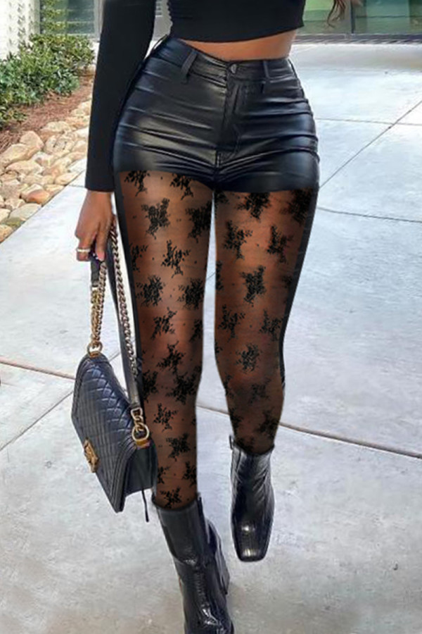 Pantalones lápiz de cintura alta flacos transparentes de patchwork sólido casual de moda negro